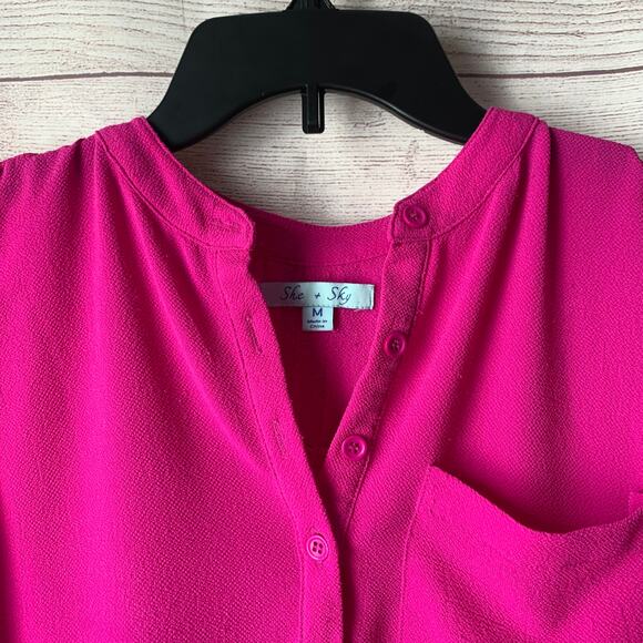 She & Sky Pink Sleeveless Blouse Partial Button Up Pocket Size Medium - Picture 14 of 16
